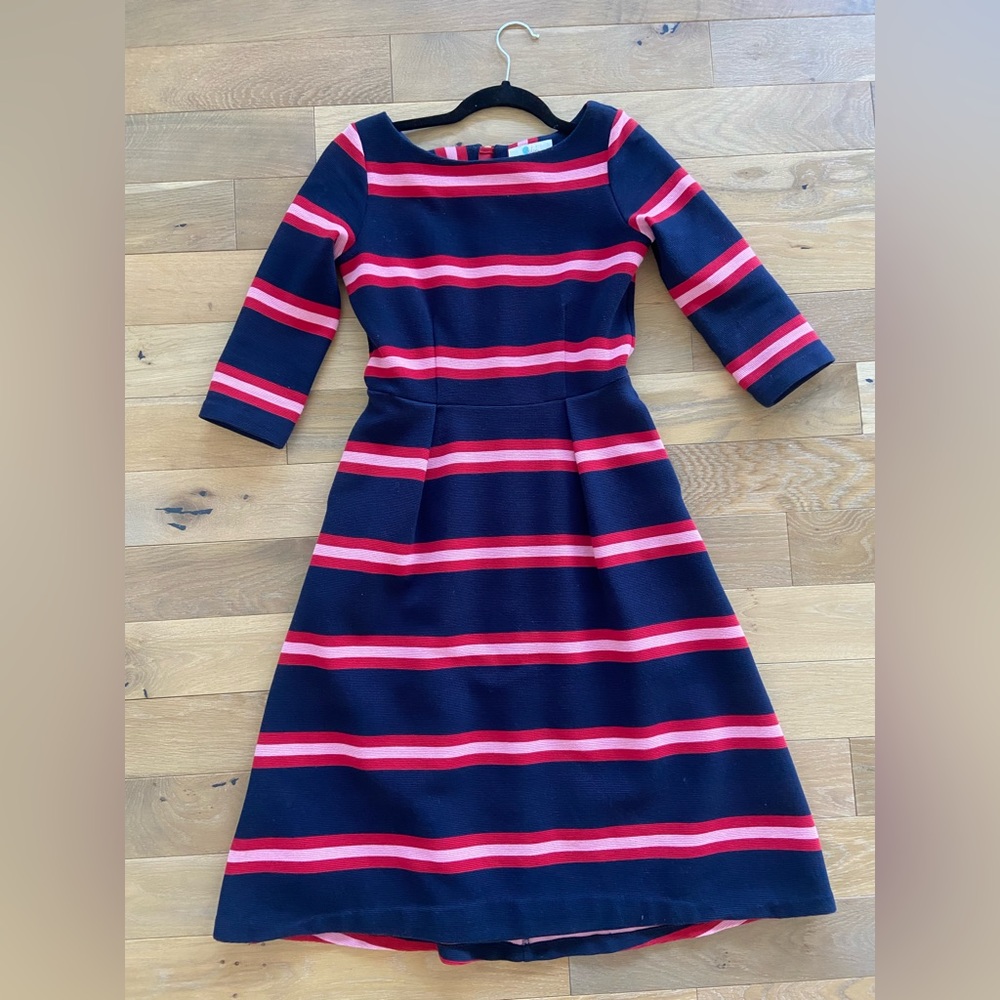 Boden Navy and Red Striped Midi Dress